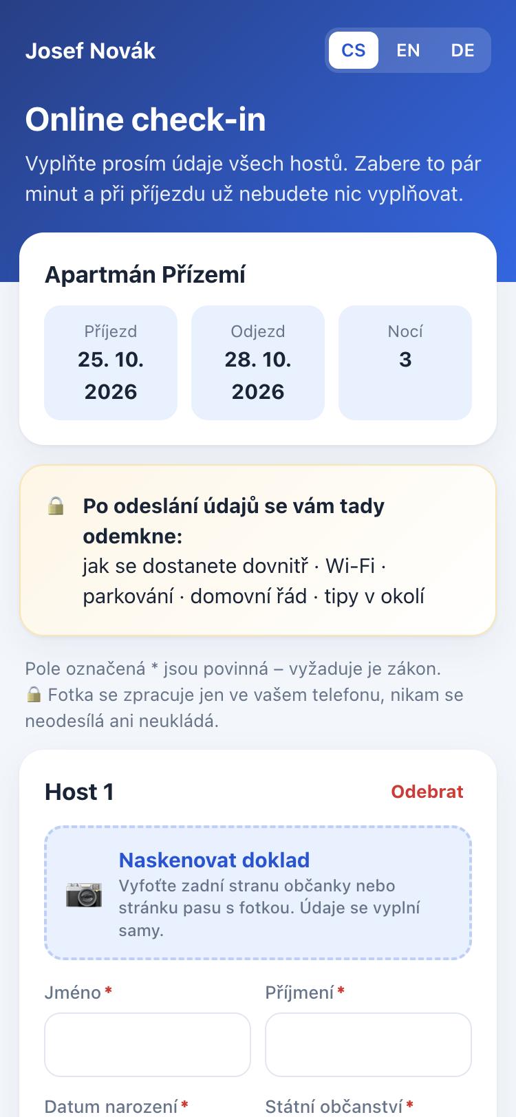 Online check-in v telefonu hosta